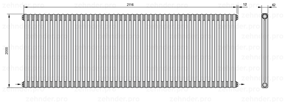 Схема (чертеж) Радиатор Zehnder Charleston 2200/46 №2670 Белый глянцевый RAL 9016